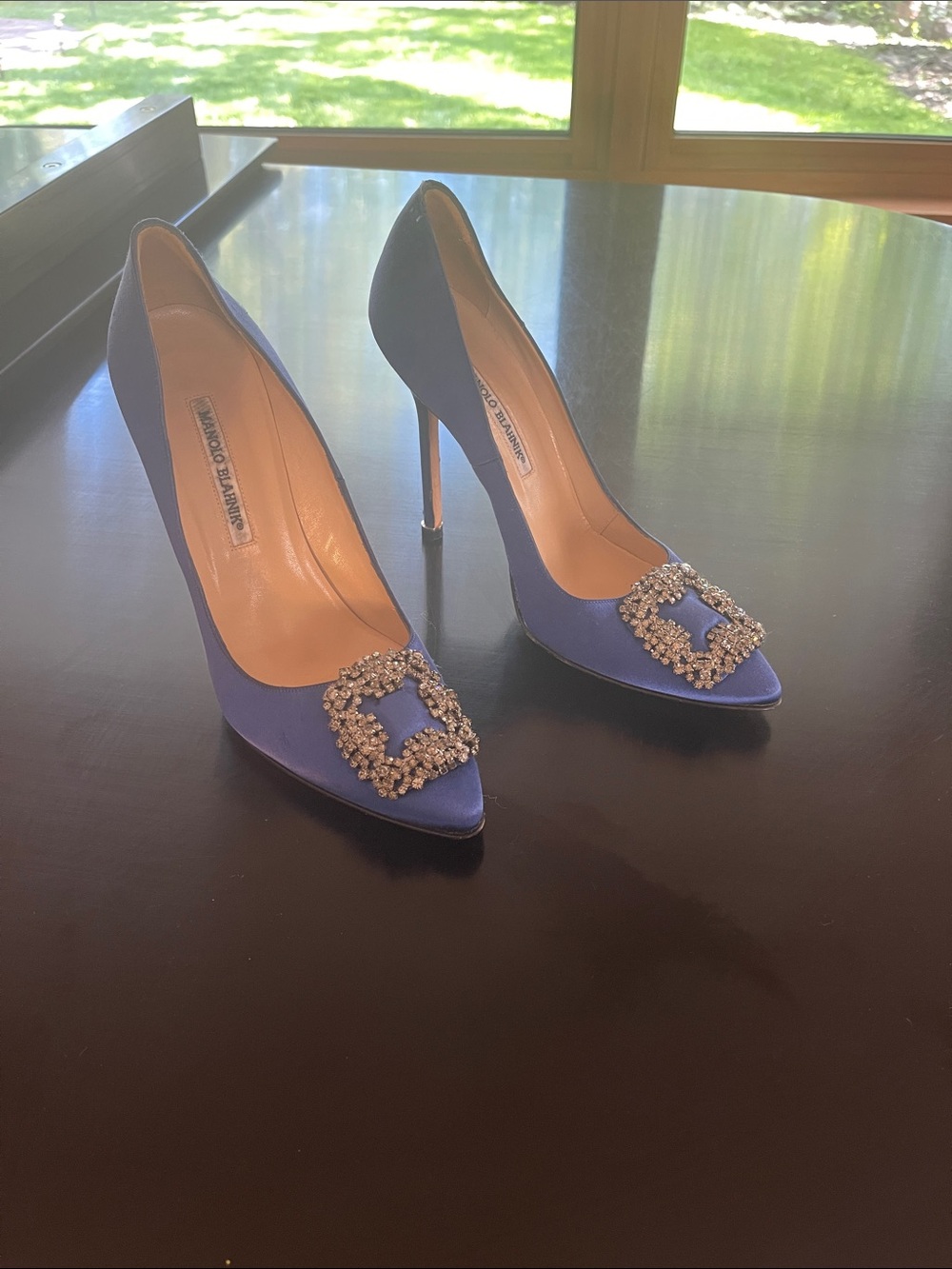 Manolo Blahnik Royal Blue Satin Pointed Toe Pumps with Crystal Buckle - Picture 9 of 11